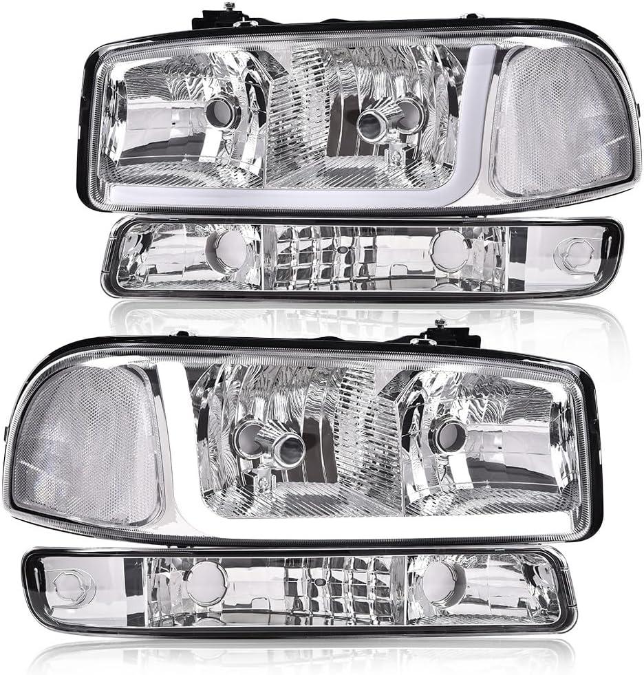 G-PLUS LED Headlights Assembly Fit GMC Sierra 1500HD 2500HD 3500 1999-2007/Fit GMC Yukon XL 1500 2500 1999-2006,Headlamps Clear Lens Chrome Housing Clear Reflector,faros delanteros
