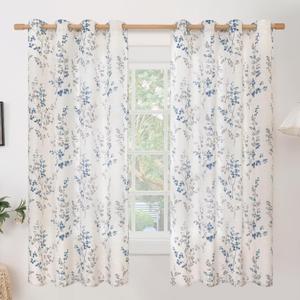 BGment Linen Curtains for Bedroom 63 Inch Length 2 Panels Set Floral Leaf Patterns, Light Filtering Window Privacy Curtains for Living Room Boho Farmhouse Vintage, Each 52 Inch Wide, Navy