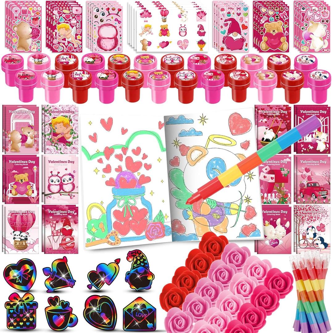 BenLouis Valentine's Day Gifts Set for Kids Hearts Coloring Book School Classroom Exchange Reward Prize Crafts Bulk for Students Valentine's Day Party Favors Goodie Bag Stuffers, 192pcs