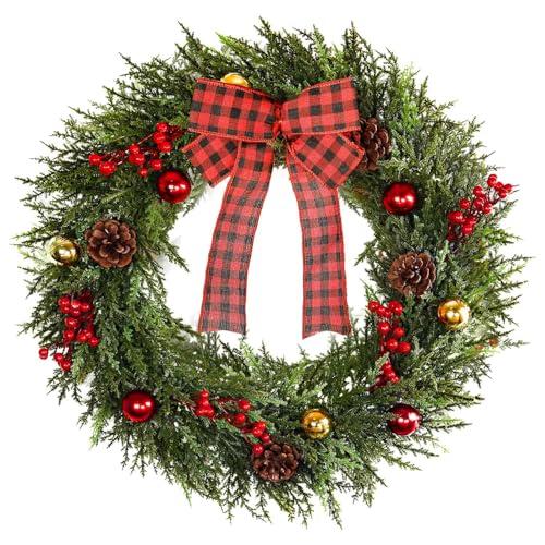 Christmas Wreath 20 Inch, Artificial Large Wreath with Pine Cone Red Berry Bow Ornaments for Front Door Decor Christmas Door Wreath Festival Home Indoor Outdoor Outside Decorations, Bow