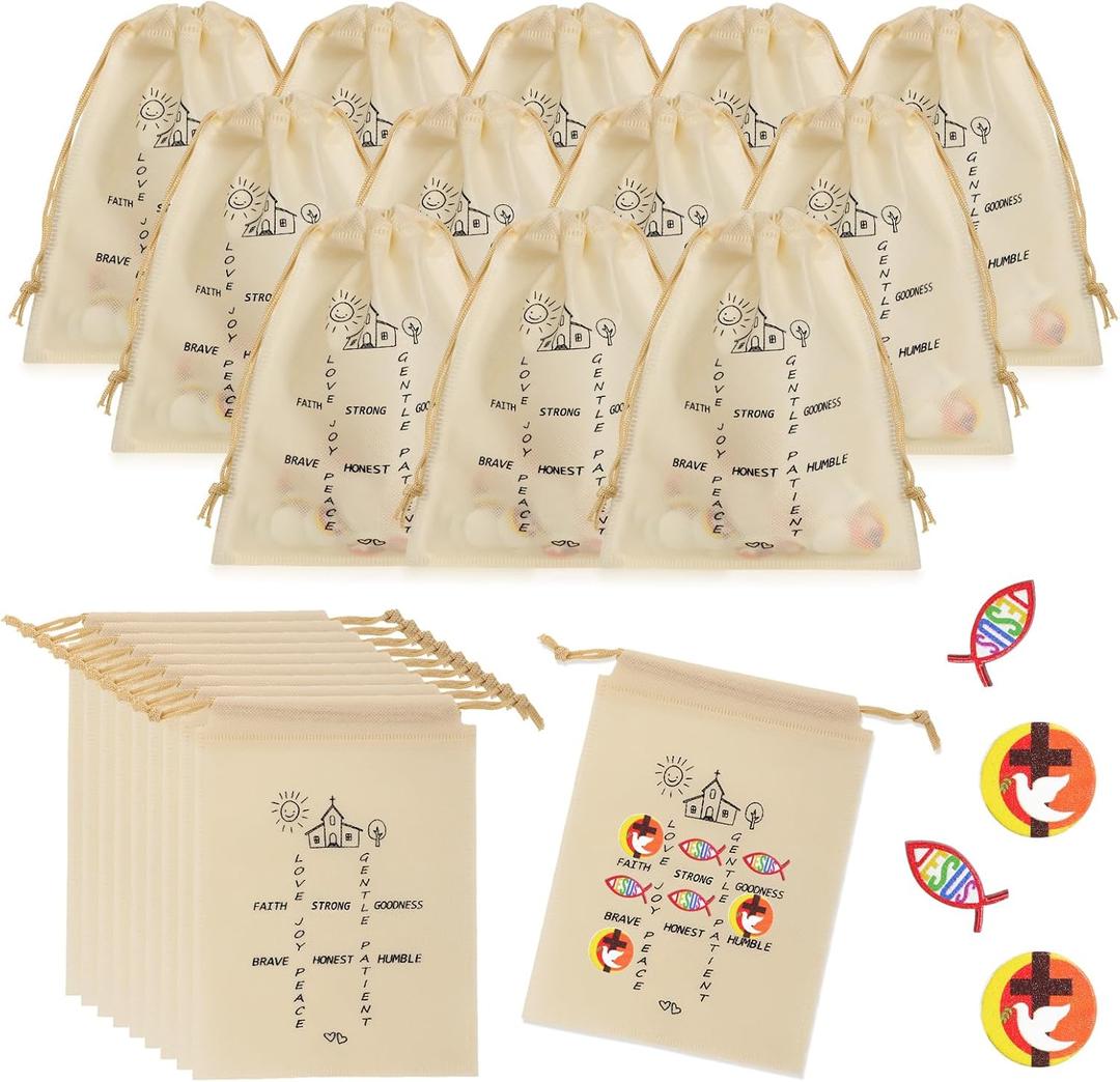 Sumind 24 Set Christian Tic Tac Toe Game Graduation Gift for Kids Religious Party Favors with Jesus Bible Mini Wooden Jesus Fish Game Drawstring Bag Sunday School Gifts for Kids Prize Church Supplies