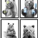 4Pcs Unframed Funny Bear Bathroom Wall Art Black And White Animal Wall Decor Picture Cute Bathroom Canvas Posters Prints for Restroom Washroom Dorm Laundry Room Decorations, 12x16in Poster