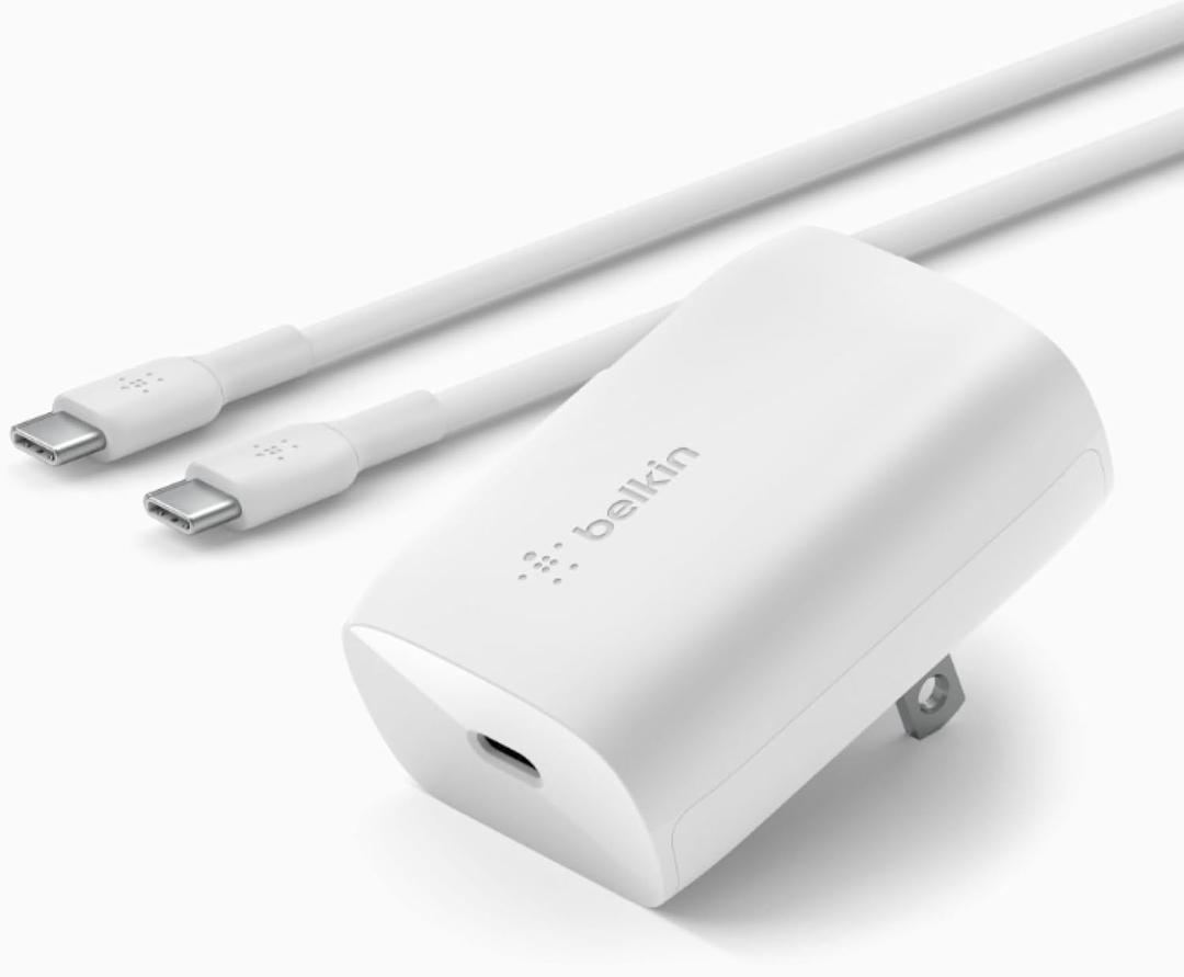 Belkin 30W USB-C Wall Charger with USB-C to C Cable, PPS, PowerDelivery, USB-IF Certified PD 3.0 Fast Charging for iPhone 16, iPad, Samsung Galaxy S25, Google Pixel, Nintendo Switch 2 & More - White (Flat + USB-C to USB-C Cable)