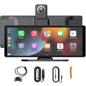 10.26 Inch Wireless Apple CarPlay & Android Auto Screen for Car with 4K Dash Cam,Ultra-Light Touchscreen, IP68 1080P Backup Camera, GPS Navigation, Voice Control, Mirror Link(No Card)