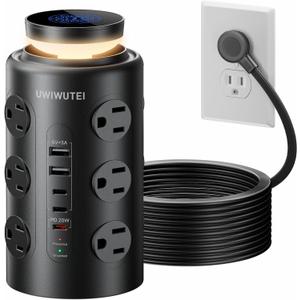 Tower Power Strip with Night Light,PD20W USB C Power Strip Tower with Multiple Outlets, 12 Outlets,5 USB Ports (3 USB-C), 6FT Extension Cord Desk Charging Station for Home,Office,Dorm Essentials,Black
