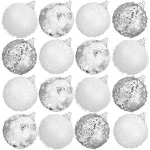 Hollowfly 16 Pcs Silver and White Christmas Ornaments 2.36" Christmas Tree Balls with Glitter Sequins Plush Fur Surface Rhinestone Snowballs Hanging Tree Ornaments Decorations for Xmas Holiday Party
