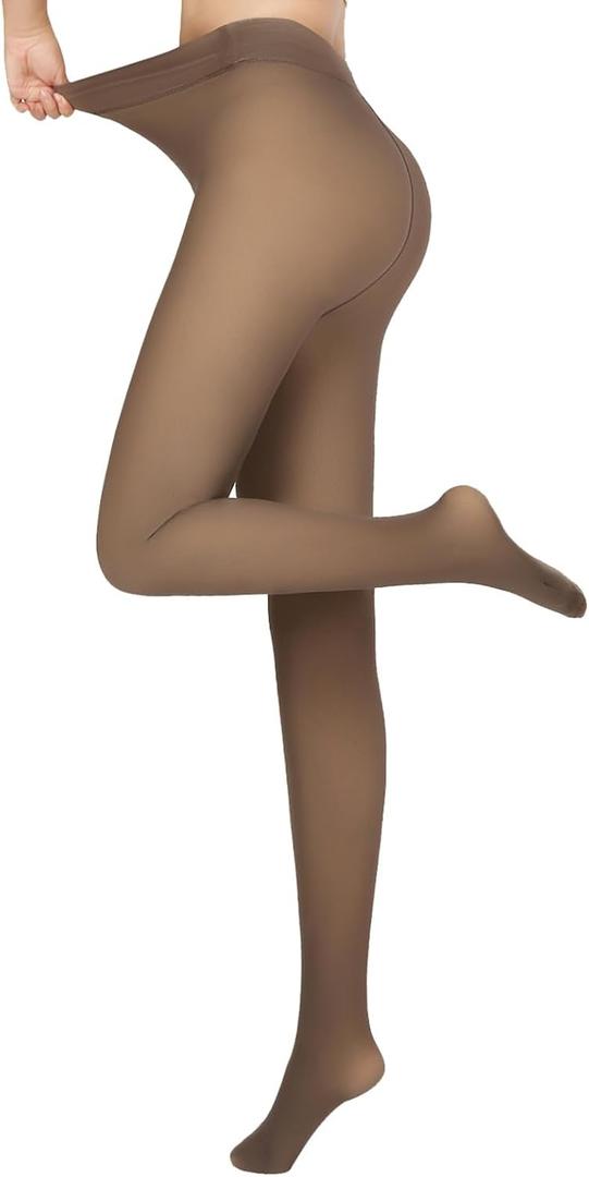 Fleece Lined Tights Women Fake Sheer Thermal Winter Warm Pantyhose (Brown)