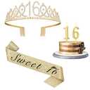 Sweet 16 Party Decorations for Girls with Sweet 16 Sash Gold, Rhinestone 16th Birthday Tiara, 16 Candles Gold, 16th Birthday Gifts for Girls