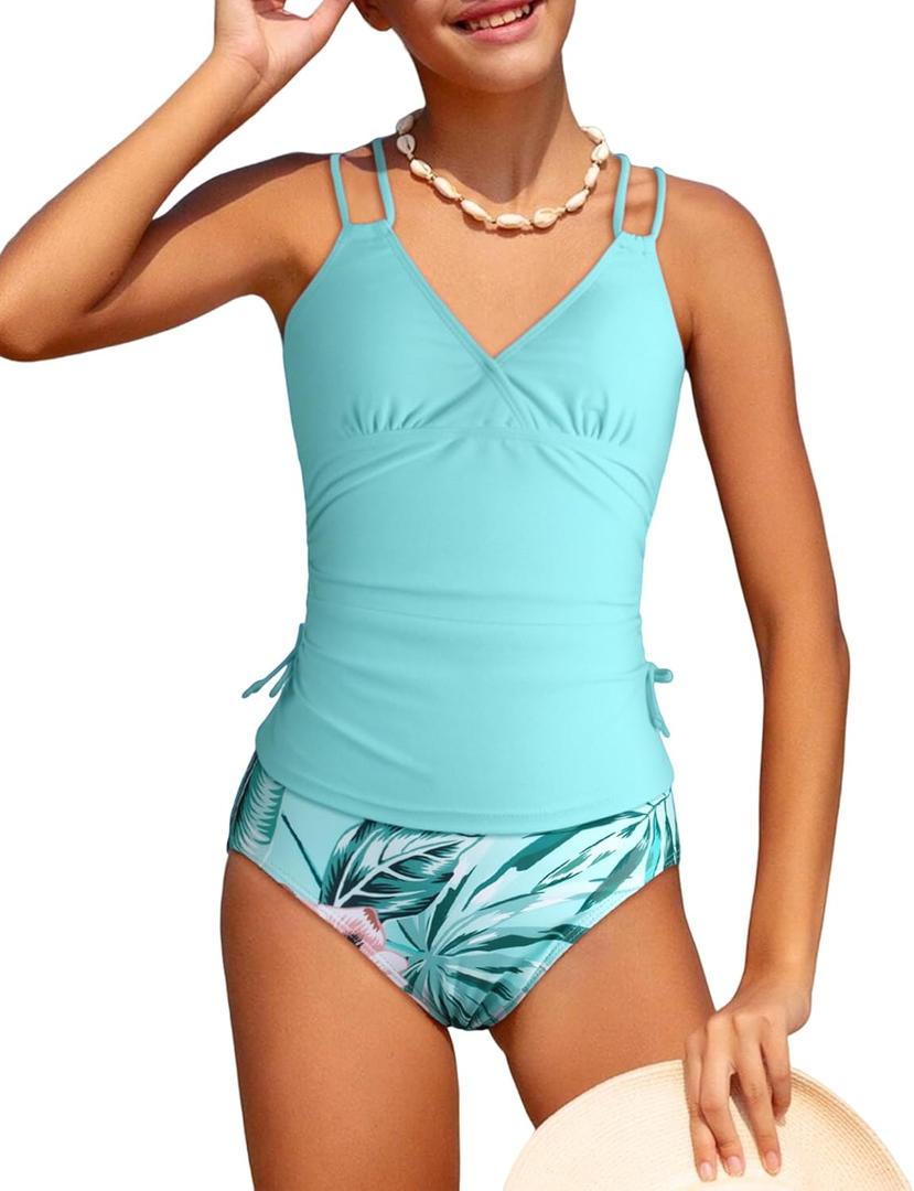 Girls Swimsuit 2 Piece Bikini Set Tropical Print Girls Bathing Suit Adjustable Straps 7-16T (7-8 Years, Light Blue)
