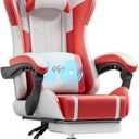 HLDIRECT High Back Gaming Chair, USB Massage Lumbar Support, White&Red, 21.7 inches x 20.9 inches x 51.2 inches