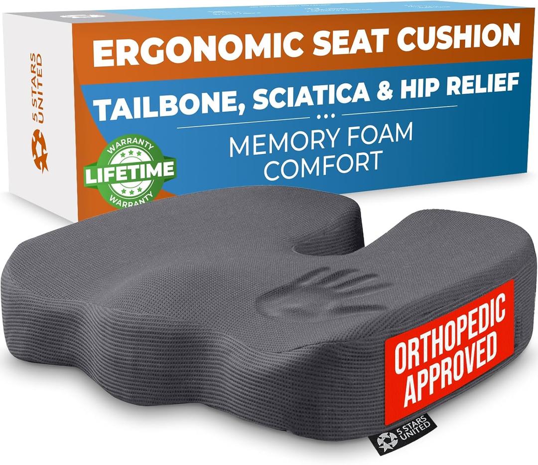 5 STARS UNITED Seat Cushion for Tailbone Pain Relief  Memory Foam Cushion for Coccyx, Hip, Hemorrhoid, Sciatica & Post-Surgery Recovery  Wheelchair, Car, Desk, Gaming & Office Chairs, D Gray
