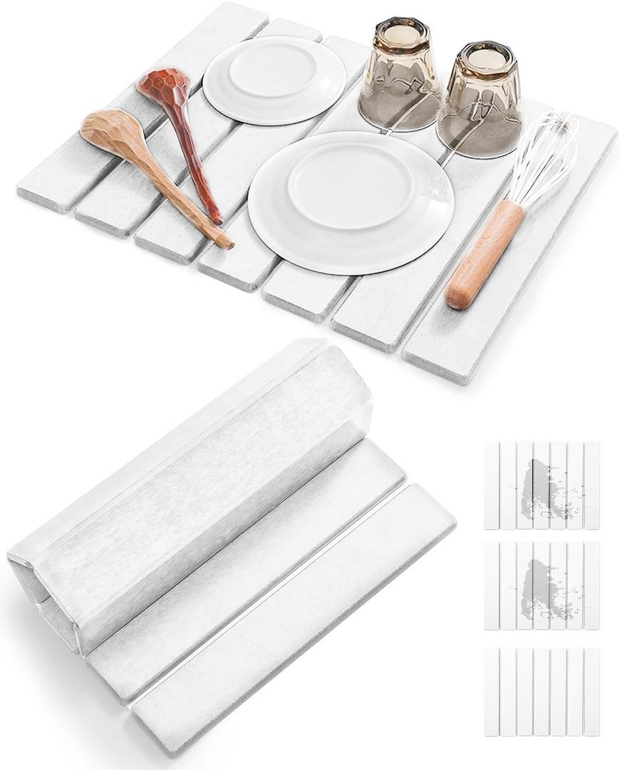 Stone Dish Drying Mat for Kitchen Counter, 16"(L)12"(W)Collapsible Diatomaceous Earth Absorbent Mat, Quick Dish Drying Pad for Kitchen Dishes Bottles Cups Bathroom Any Countertop-White