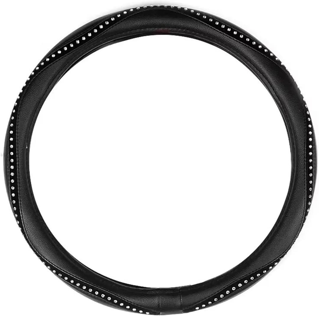 Fashion Steering Wheel Cover Black Lychee Pattern with Luxury Crystal Rhinestone M Size 38cm/15 Diameter