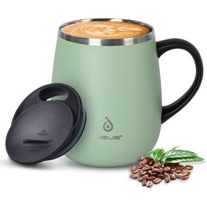 Ideus 16 oz Insulated Coffee Mug with Handle and Lid, Double Wall Stainless Steel Vacuum Thermal Coffee Mug, Travel Coffee Cup Thermal Cup for Home and Office, Avocado Green