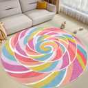Kids Round Rainbow Lollipops Play Mat, 5.2Ft, Multicolor, Modern, Cartoon, Washable, Lightweight, Bedroom, Living Room, Nursery Room, Playroom