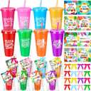 24 Sets End of the Year Gifts for Students - 24oz Summer Plastic Tumblers with Lids and Straws Bulk with Greeting Cards & Ribbons for Graduation, School Class Prizes, Beach Pool Party Favors