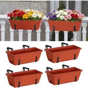 CADUKE Railing Planter Box 16.9 Inches Fence Hanging Planters with Adjustable Brackets Red Deck Railing Planter Boxes Plastic Outdoor Balcony Railing Window Boxes Planters Hanging Flower Box