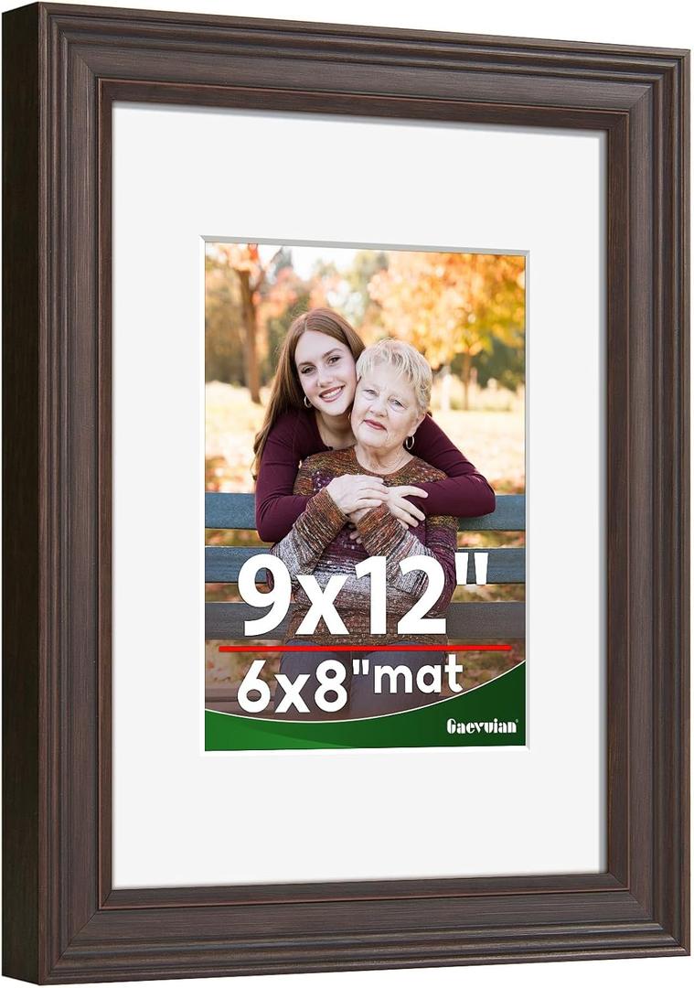 9x12 Frame, High Definition Plexiglass for 9x12 Picture Frame with 6X8 mat, Vintage Picture Frame 9 x12 Rustic Distressed Pattern, Wall Mount Display, Brown 1Pack