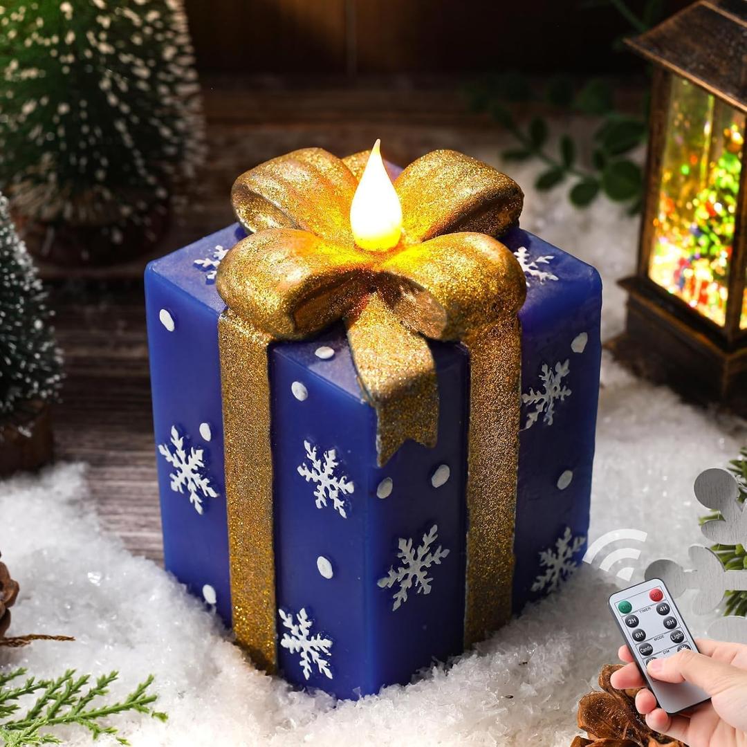 Christmas Flameless Gift Box Candle Hand-Painted Real Wax LED Candle with Remote Timer Battery Operated Blue Gold Decor for Xmas Tree Skirt Ornament Table Outdoor Indoor Holiday