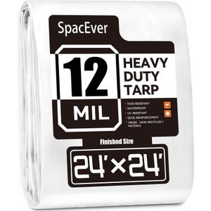 Tarp Heavy Duty 24x24 FT, 12 Mil Thick Large Tarps Water-Proof with Grommets, UV& Tear Resistant, Plastic Cover for Pool Roof Tent Outdoor Firewood, White