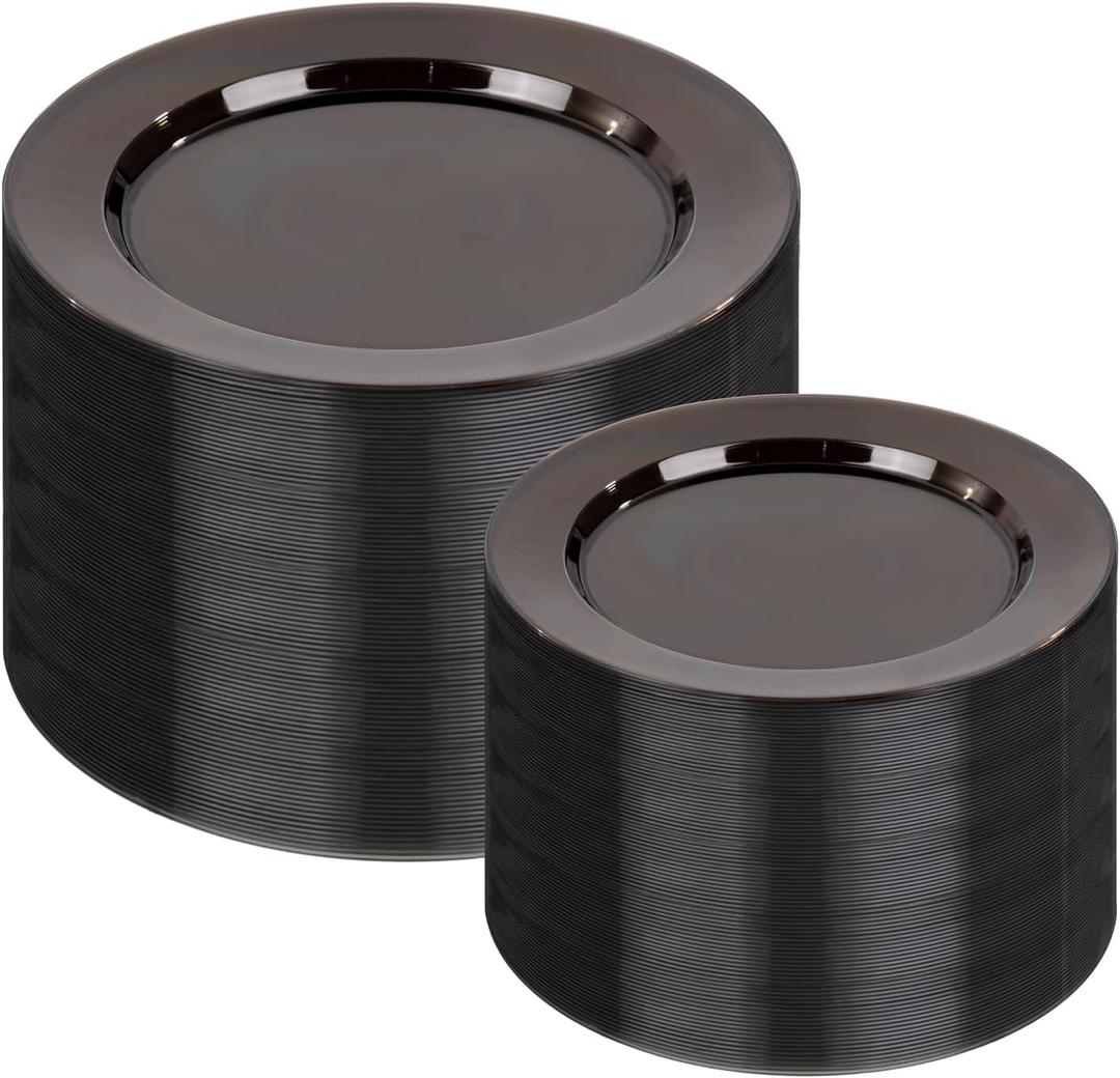 I00000 200 Pcs Clear Black Plastic Plates, Black Disposable Party Halloween Plates Include 100 Dinner Plate 10 and 100 Dessert Plate 7 Perfect for Wedding, Party & Halloween