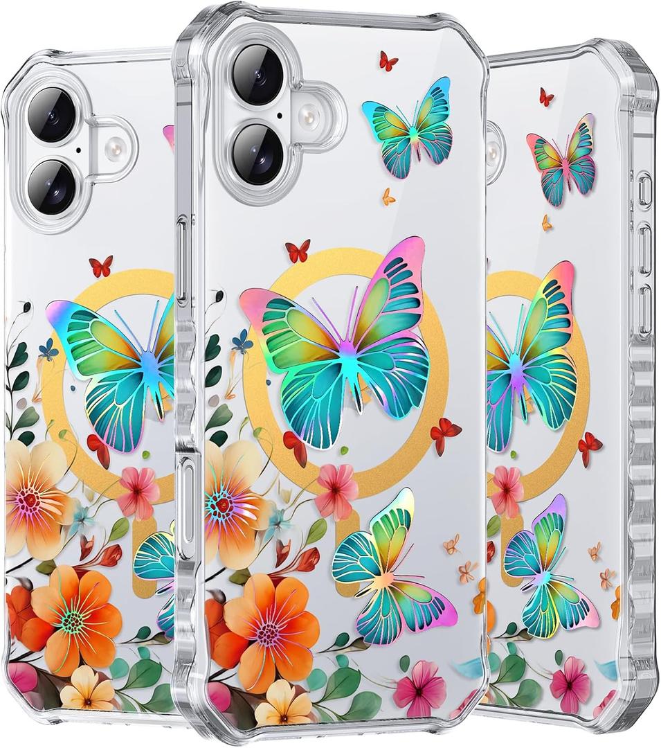 PIXIU Case for iPhone 16 Compatible with Magsafe, Laser Glossy Pattern,Cute Curly Wave Clear TPU Bumper Military Grade Drop tection Phone Cover for Women/Girls -Butterfly/Floral