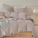 WARMDERN Duvet Cover Set King Size, 3pcs Washed Microfiber Beige Bedding Set, Soft Breathable Striped Textured Seersucker Duvet Cover with Zipper Closure & Corner Ties(Khaki , King)