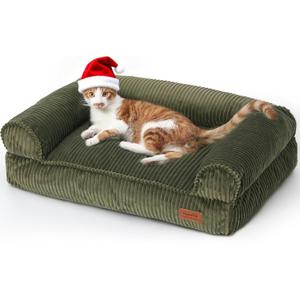 FUKUMARU Dog Couch Bed, Corduroy Cozy Cat Bed for Indoor Cats with Washable Cover, 28in Waterproof Orthopedic Dog Beds Sofa for Small Dogs and Large Cats, Cute Warm Cotton Pet Sofa, Green (28.3"Lx20.5"Wx9"Th)