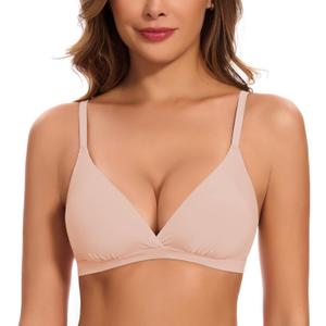 WOWENY Triangle Bras for Women No Underwire Low Cut Deep V Lightly Lined Plunge Bralette Seamless Sexy Push Up Bras (2216-beige)