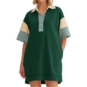 Wenrine Women's Polo V Neck T Shirt Dress Casual Summer Oversized Color Block Short Sleeve Sweatshirt Mini Dresses (Dark Green, Large)