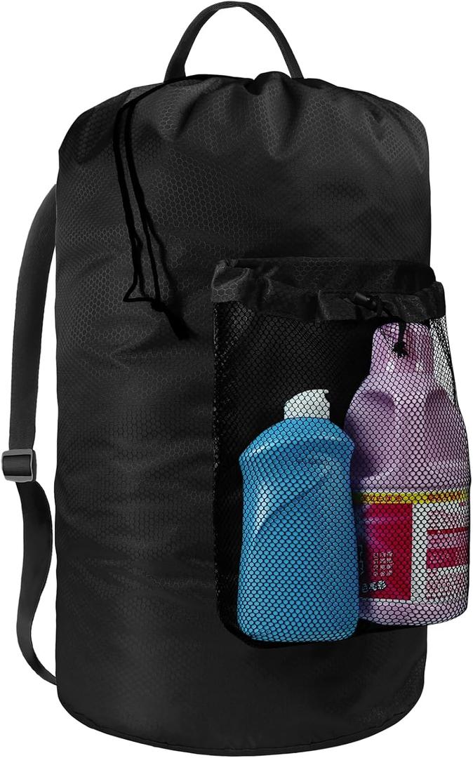 Laundry Bag with Shoulder Straps and Mesh Pocket Laundry Backpack Large Portable Laundry Hamper for College Travel, Laundromat, Apartment (Black)