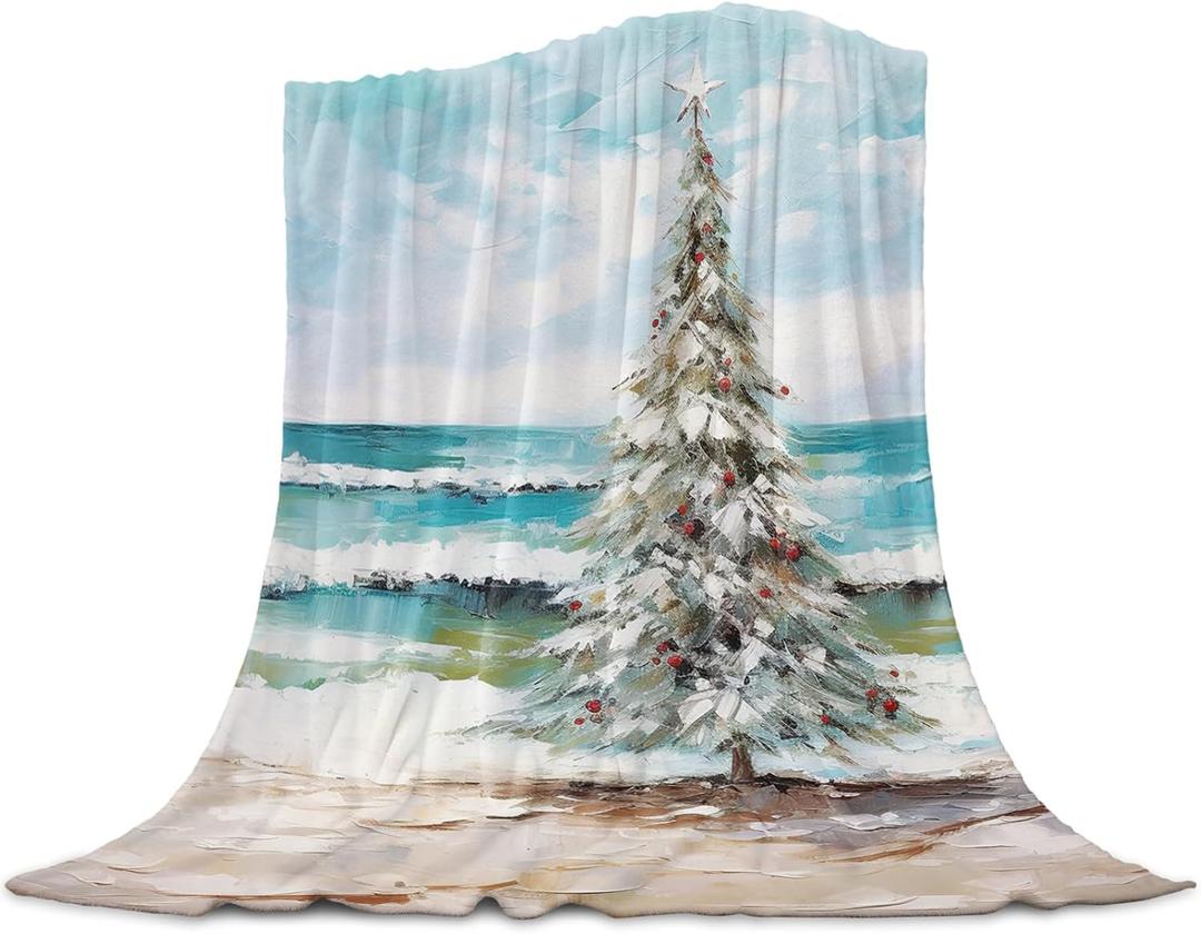 Coastal Christmas Tree Throw Blanket Flannel Fleece, Soft Plush Cozy Baby Blankets, Modern Oil Painting Beach Xmas Tree Blankets Throws Warn Fuzzy Blanket for Couch/Sofa/Chair/Travel 30"x40"