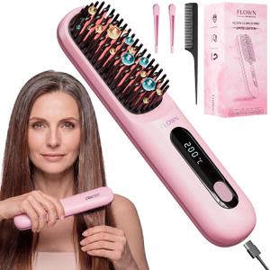 FLOWN Original Go Brush PRO [Five Minutes Hair Styling Routine] - No Damage Heat Brush with USB-C Charger - Electric Travel Pocket Brush for All Hair Types - Pink (Formerly Numoya)