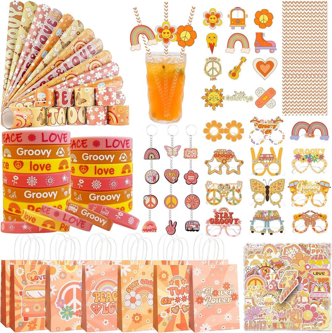 Groovy Party Favors Hippie Retro Boho Themed Birthday Party Decorations Supplies Include Keychains Bracelets Goodie Bags Stickers Game Toy Set Gifts for Pinata Filler