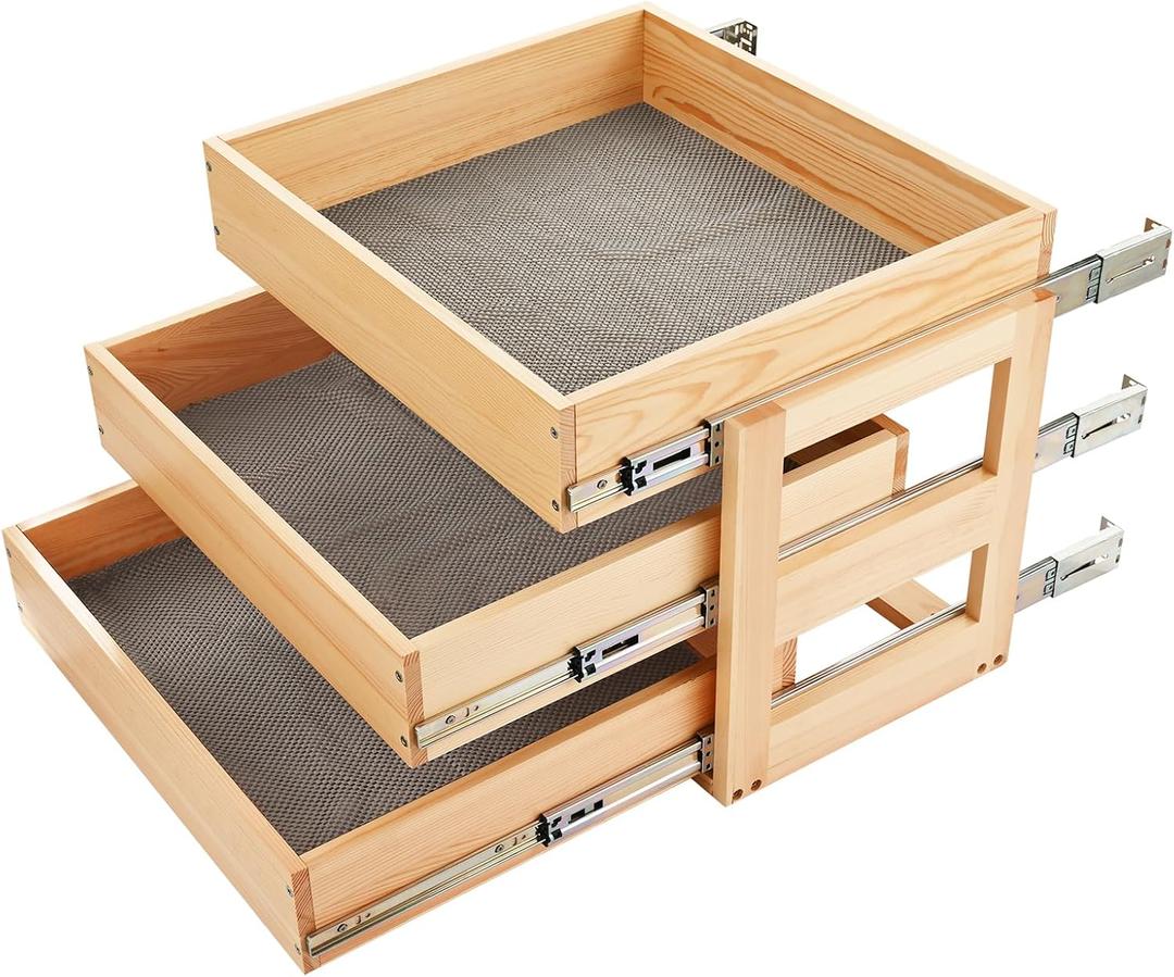 Pull Out Kitchen Drawer Cabinet organizer, 3 Tier 20"W*21"D*19"H,Soft Close Slide Out Wood Shelves Storage for Kitchen Heavy-Duty, Bottom Assembly (Cabniet Opening W>20.5'',D>21.5'',H>19.5'')