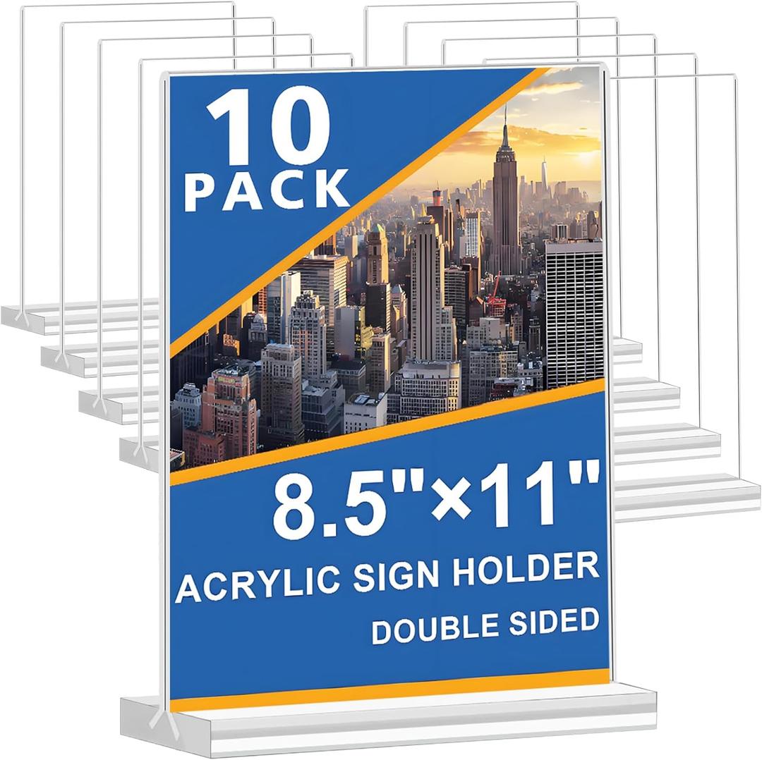 Acrylic Sign Holder 8.5 x 11 Inch 10 Pack, Double Sided Sign Stand for Menu Flyer Display, T Shape Clear Plastic Flyer Holder for Stores, Restaurants, Hotels, Office
