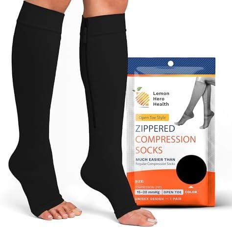 Lemon Hero Zipper Compression Socks 15-20 mmHg Open Toe, Medical Zip Up Compression Stockings for Women and Men - Improves Blood Circulation, Relieves Pain & Swelling M