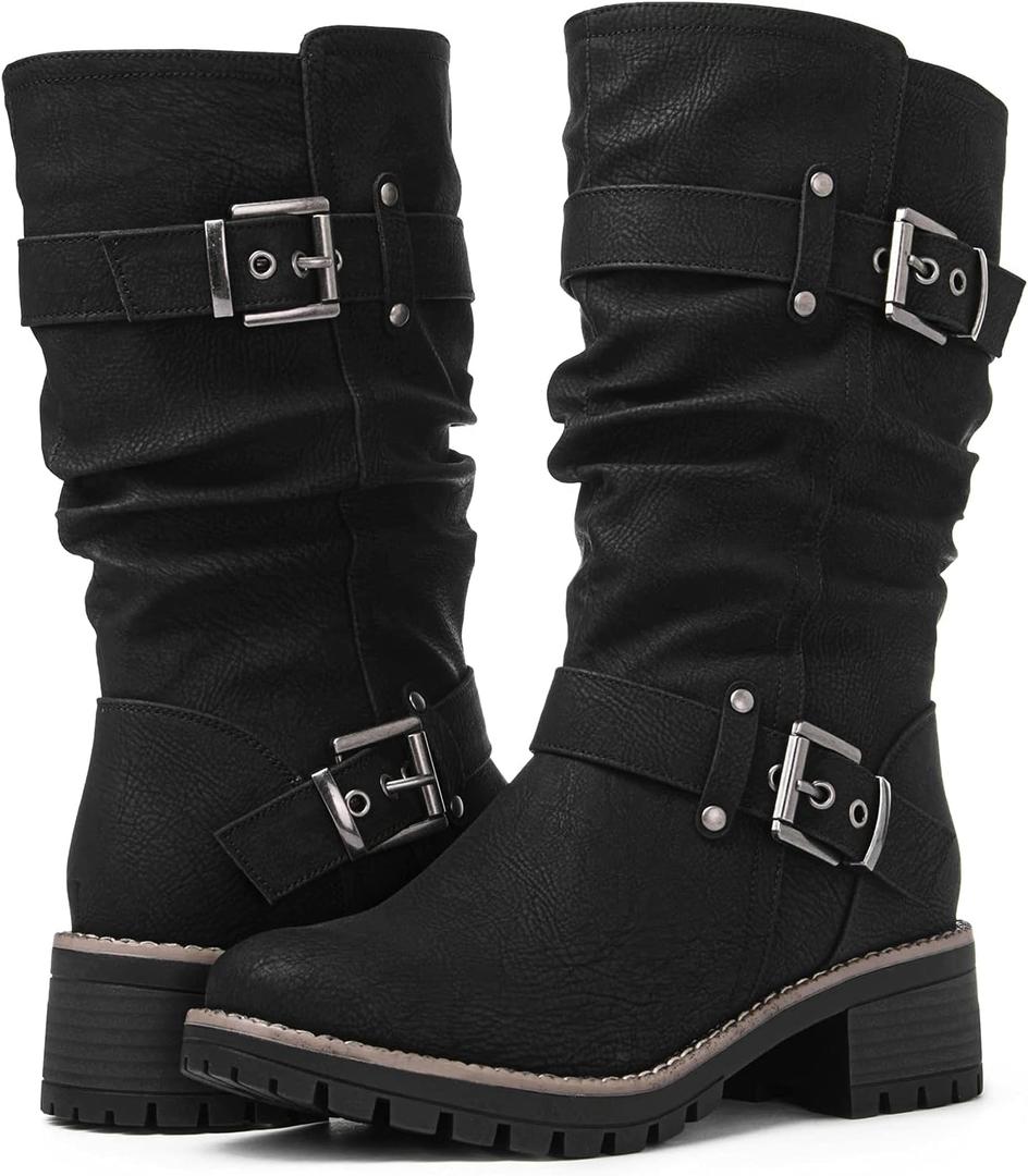 GLOBALWIN Women's Mid Calf Dress Boots Biker Motorcycle Riding Boots Women For Women Black Size 8.5M