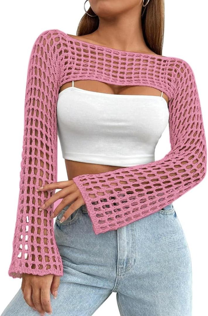 Womens Crochet Shrug Y2K Hollow Out Bolero Shrug See Through Cropped Knit Sweater Top (Small, Pink)