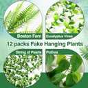 Daifunli 12 Pcs Artificial Hanging Plants Fake Hanging Ferns Plastic Faux Plants for Wall Room Garden Garland Indoor Outdoor Decor No Basket (Boston, Eucalyptus, Ivy Vine, String of Pearls)