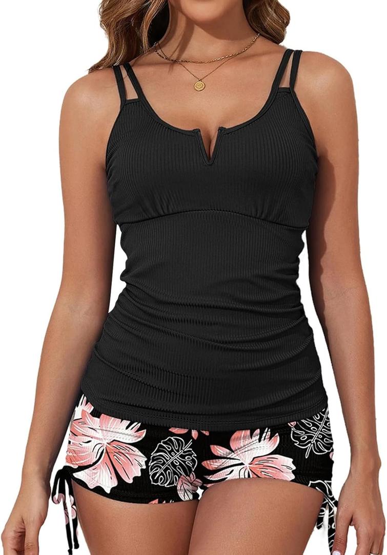 Aleumdr Tankini Swimsuit for Women Athletic 2 Piece Tummy Control Bathing Suit Modest Swim Tank Top with Shorts Flora Black XX-Large