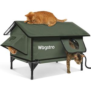 Gable Heated Cat House for Outside Cats in Winter, 100% Waterproof, Escape Door, Elevated, Insulated Outdoor Cat House Shelter with Heater for Feral Cat (Olive Green, 24"x16"x19")