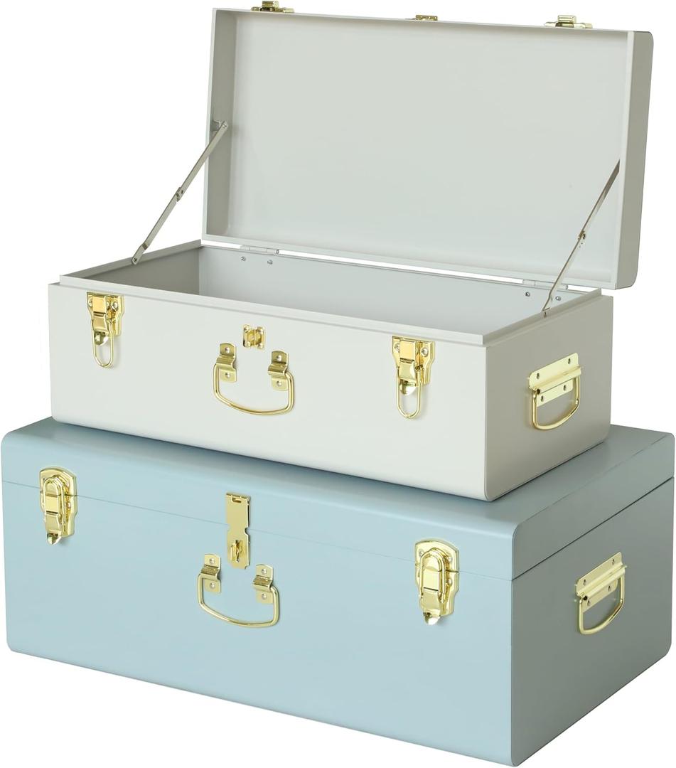 Vixdonos Decorative Large Metal Box Storage Trunk Chest Set of 2 College Dorm Organizer with Hardware Hasps and Handle for Home Decor,23.7X14.2X9.5 Inches(White and Blue)