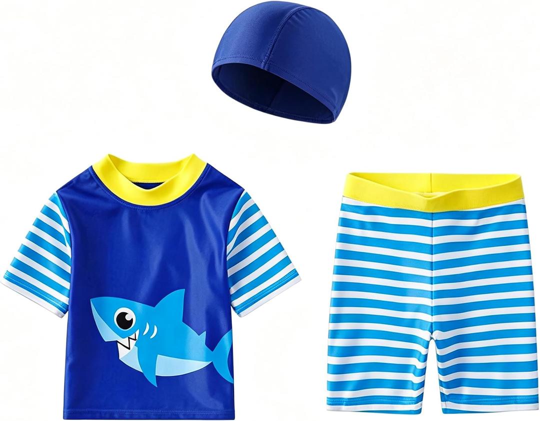 Baby Boys Two Piece Swimsuit Dinosaur Bathing Suit SPF Swim Shirt & Trunks Kids Rash Guard Shorts with Swim Cap (Blue)
