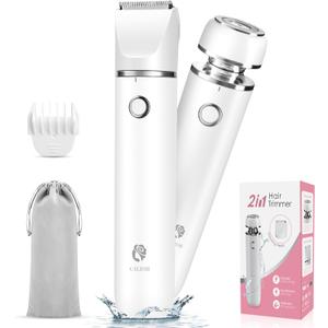 Bikini Trimmer and Shaver Kit for Women - 2-in-1 Wet/Dry Electric Body Hair Trimmer Facial Hair Removal Cordless Waterproof Bikini Shaver Razor for Face Lip Chin Pubic Underarm Legs (White)