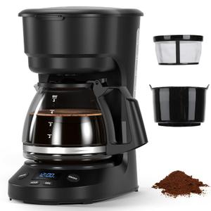 5-Cup Programmable Drip Coffee Maker, a compact coffee machine with a digital clock and 24-hour programmable timer, featuring Auto Shut-Off, and a Removable Filter Basket for Home & Office (Precision-Brew)