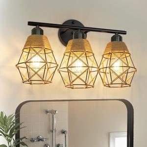 Frideko 3-Light Bathroom Vanity Light Fixtures, Rattan Bathroom Light Fixtures Over Mirror, Boho Wall Sconce with Woven Lampshade, Farmhouse Wall Light, Modern Black Wall Lamp for Living Room Bedroom