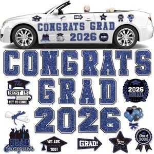 2026 Graduation Car Magnets Decorations Congrats Grad Car Magnets Stickers Blue and Black Graduation Car Decorations for Cars Metal Surface Fridge Garage Mailbox Graduation Party Supplies