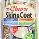INABA Churu Lickable Purée Natural Cat Treats for Skin and Coat with Omega Oils, Taurine and Vitamin E, 0.5 Ounces Each Tube, 50 Tubes, Skin & Coat Variety, Best By: 11/04/2026
