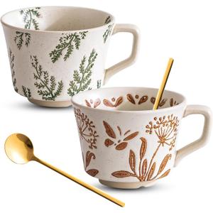 Ceramic Coffee Mug Set, 11 oz and 2 Spoons, Coffee Cup Set of 2, Suitable for Americano, Chocolate Drinks, Milk, Tea Drinks, Microwave Dishwasher Safe (Green Leaves/Dandelion)